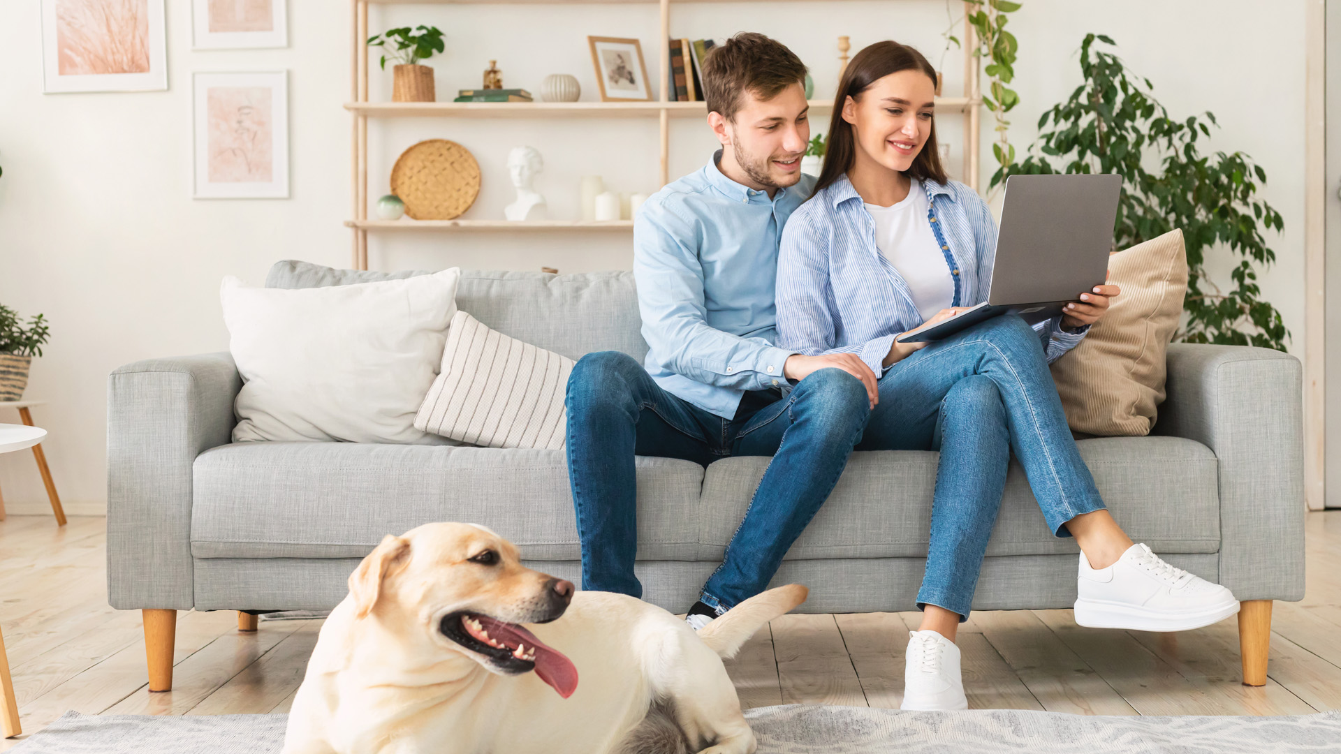 Young couple on couch .